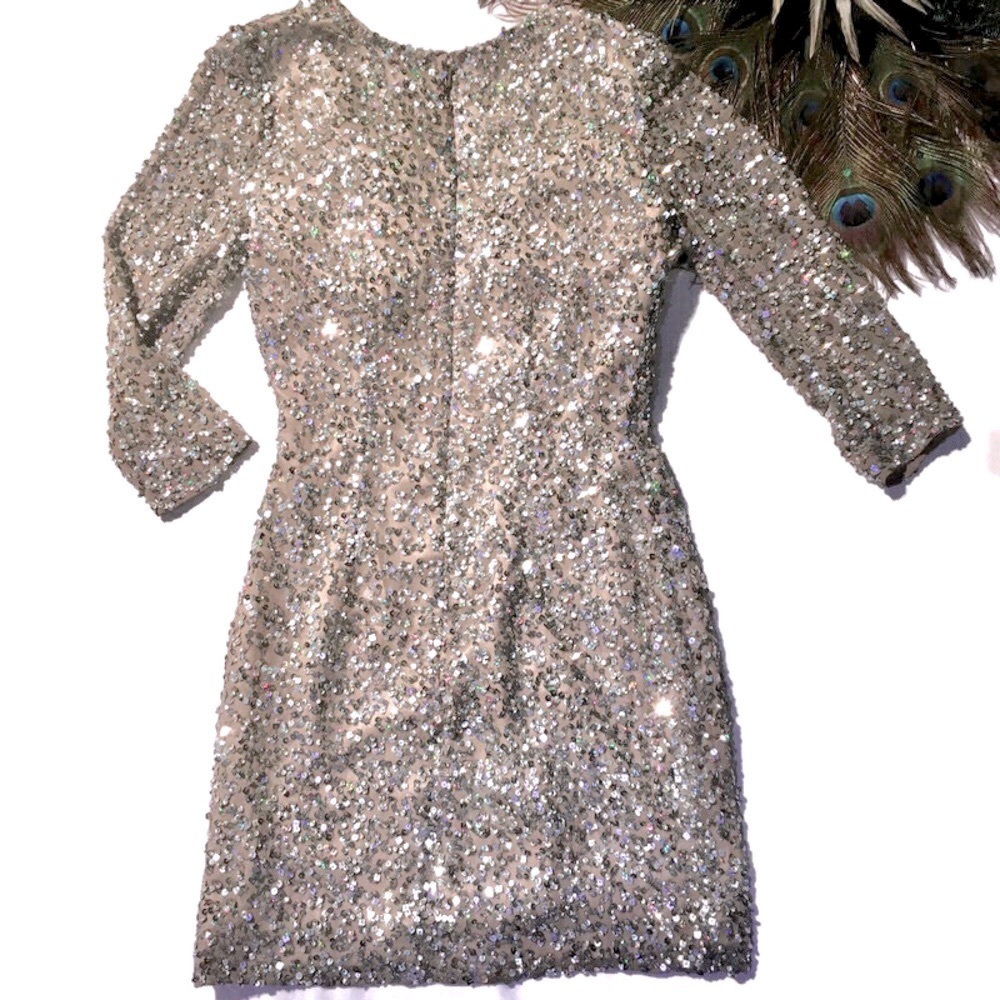 SOLD Shail K nude silver sequin bodycon sheath formal prom mini cocktail dress 4 - Picture 3 of 6